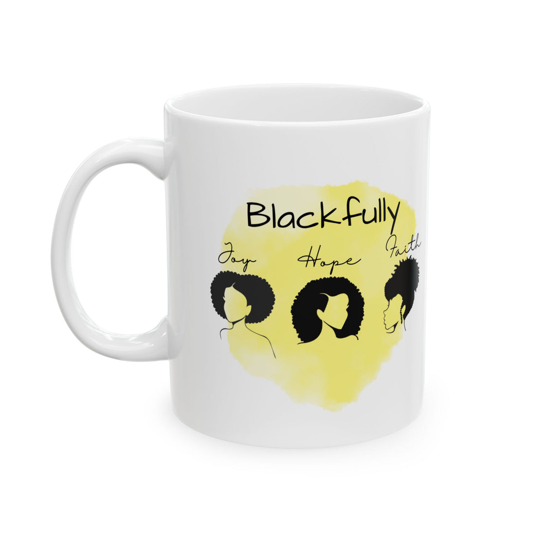 White mug with a yellow design featuring three women with natural hair and text on a white background