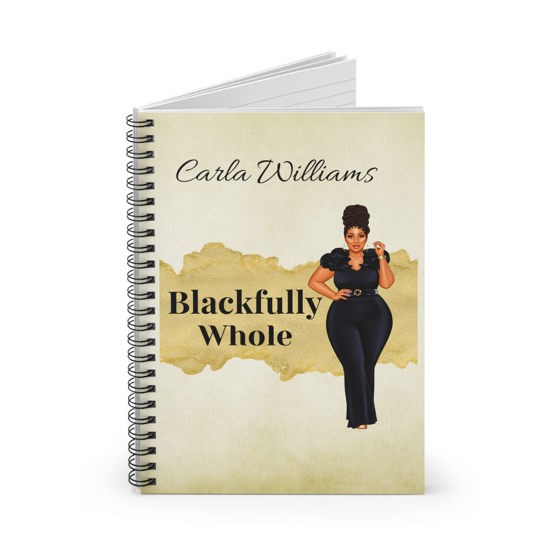 Notebook with a design of a woman and text 'Carla Williams Blackfully Whole' on a beige background