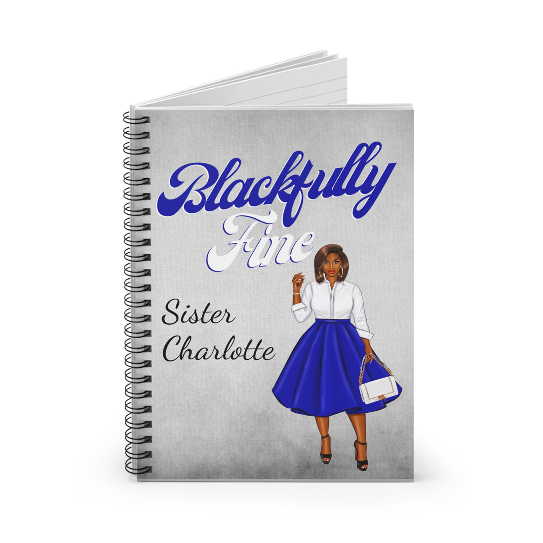 Notebook with illustration of a woman in a blue skirt and white shirt, titled 'Blackfully Fine Sister Charlotte'.
