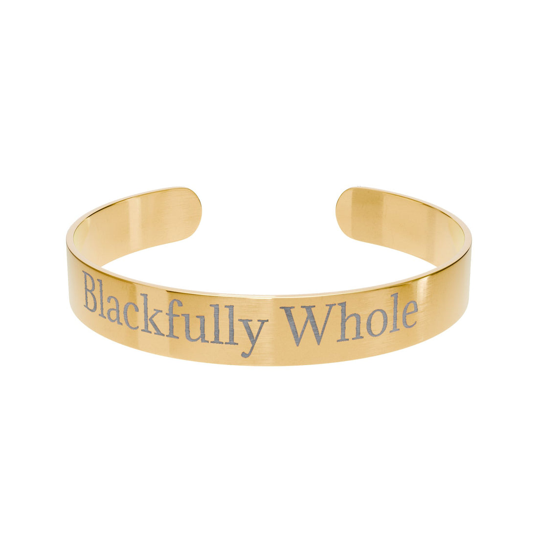 Rose gold bracelet with 'Blackfully Whole' engraving on a white background