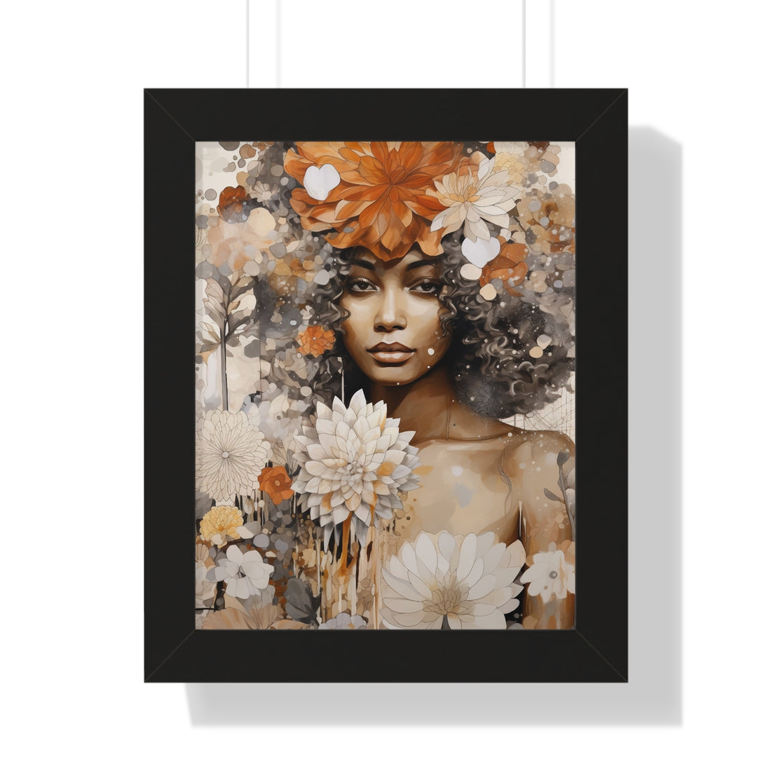 Framed artwork of a woman with flowers融入她的肖像中