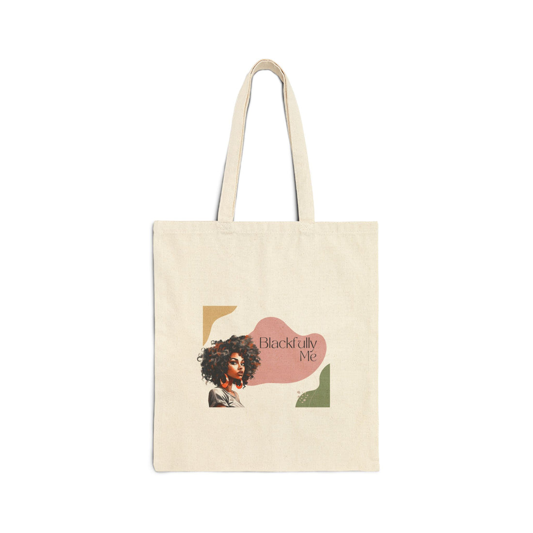 Beige tote bag with a graphic of a woman with text 'Blackfully Me' on a white background