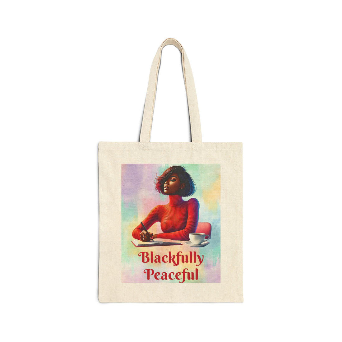 Tote bag with a colorful design of a woman and 'Blackfully Peaceful' text on a white background