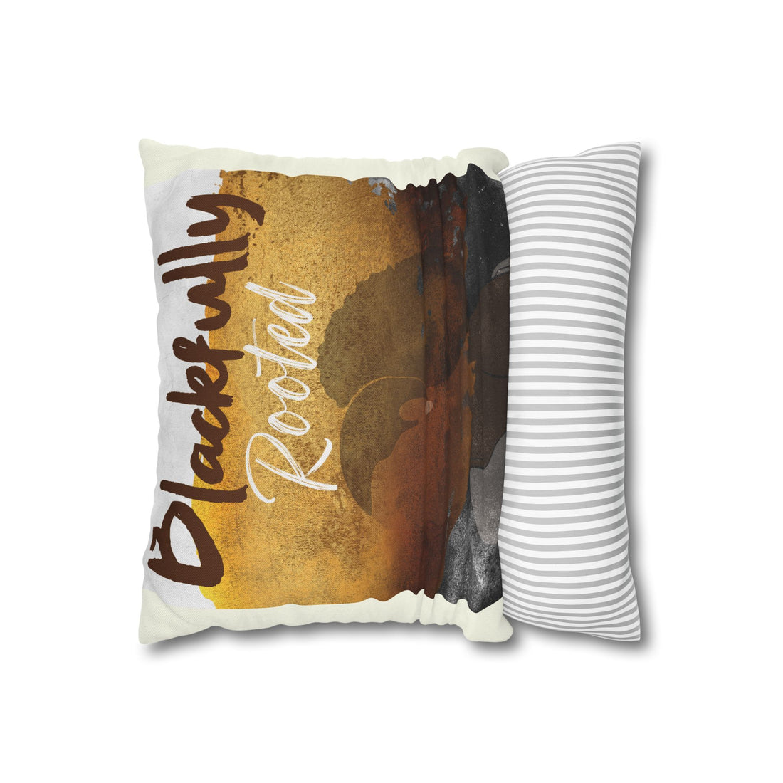 Pillow with a graphic of a person with a bald head and the text 'Blackfully Rooted' on a white background.