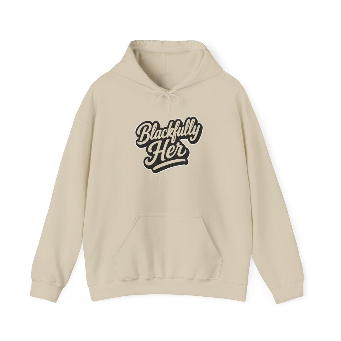 Beige hoodie with 'Blackfully Her' text on a white background