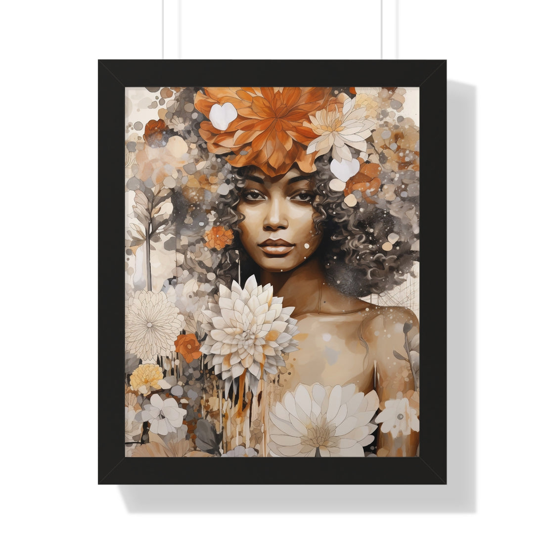 Framed artwork of a woman with flowers融入她的肖像中