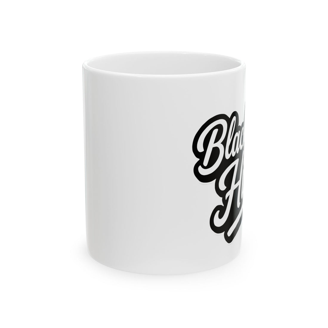 White mug with 'Blackfully Him' text on a white background