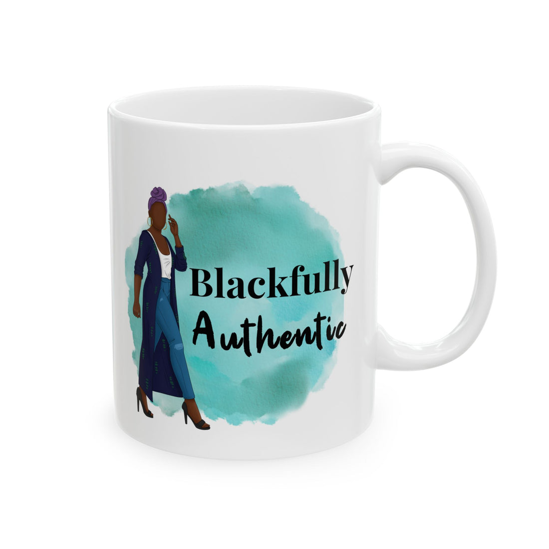 White mug with a teal watercolor design and text 'Blackfully Authentic' on a white background