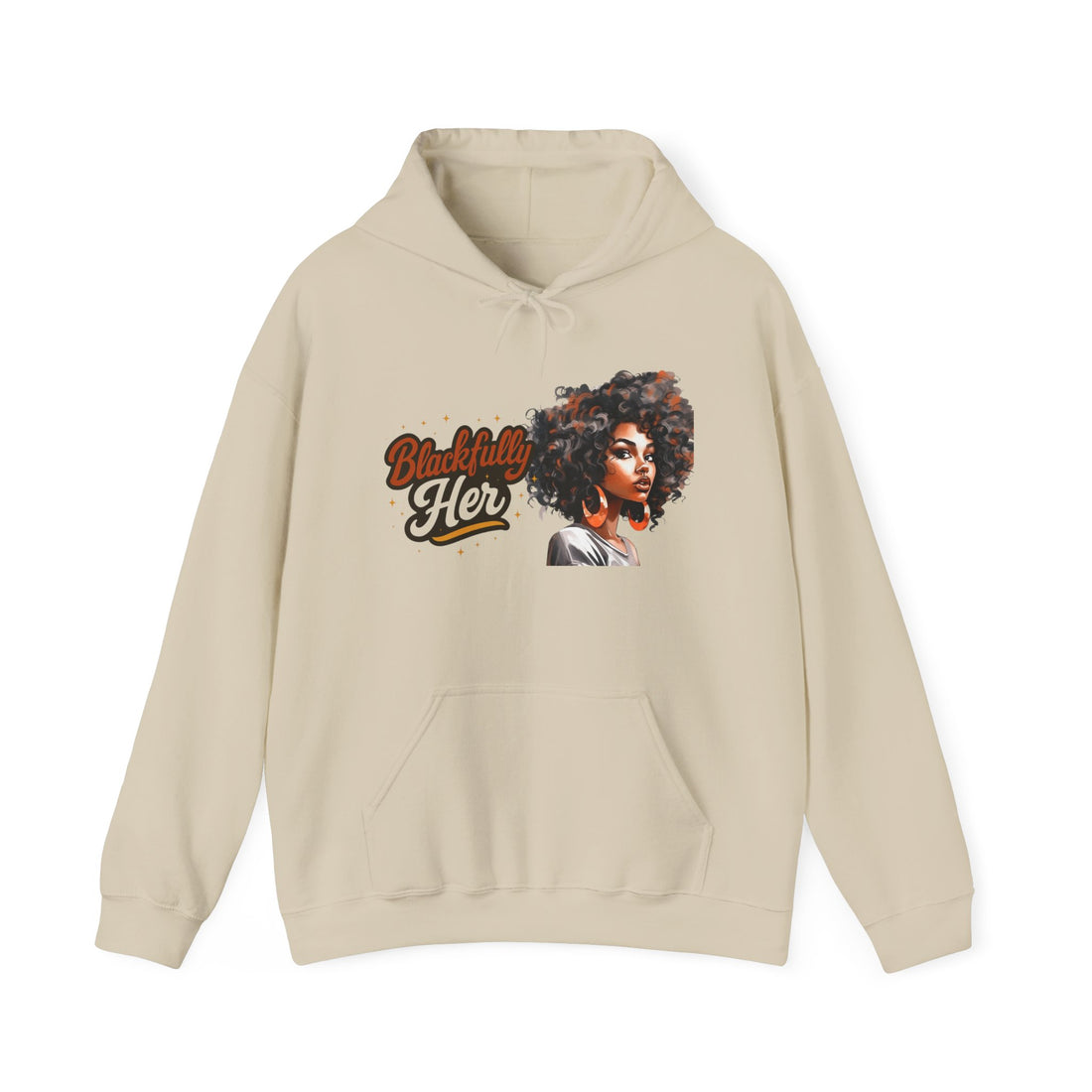 White hoodie with a graphic of a woman with an afro and text on a white background