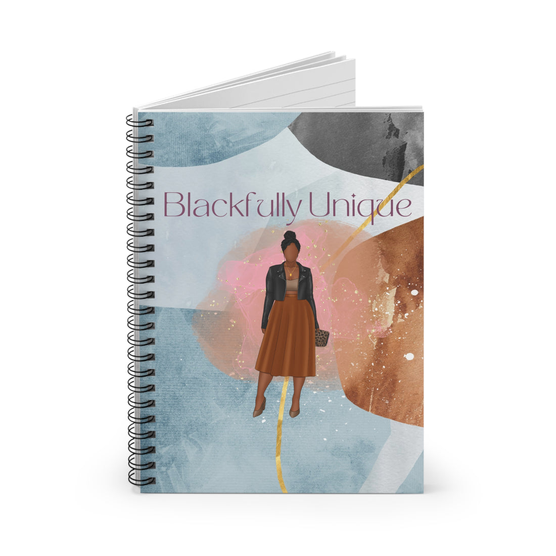 Notebook with 'Blackfully Unique' design featuring a woman illustration on a white background