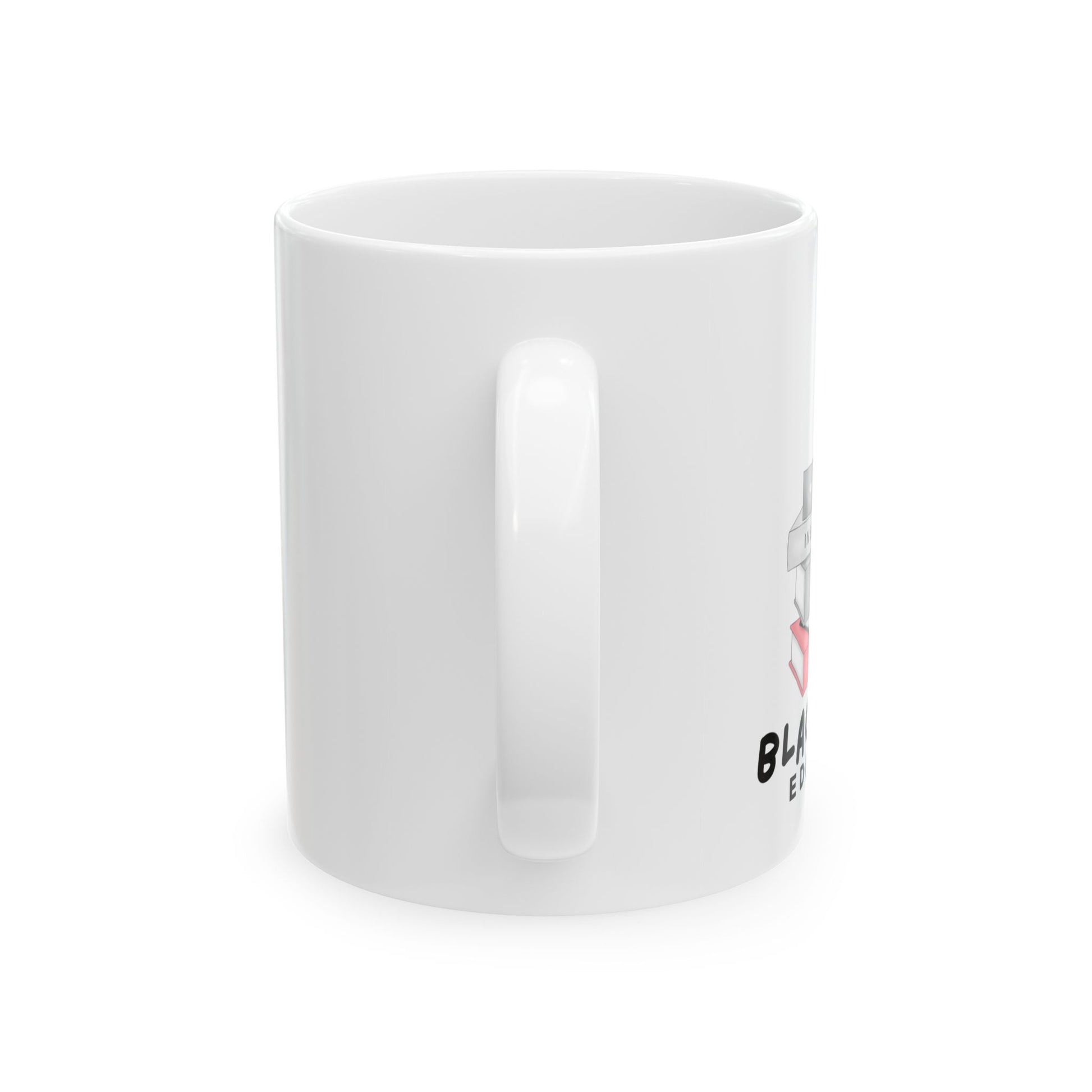 White mug with text on a white background