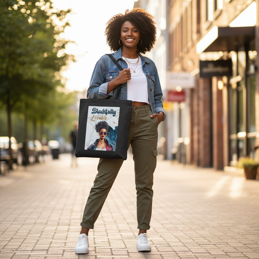 Woman holding a tote bag with a graphic design of a woman on a city street.