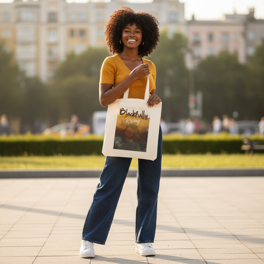 Woman holding a tote bag with text and an image, standing outdoors.