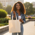 Woman holding a beige tote bag outdoors in a park-like setting