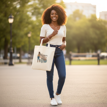 Woman walking outdoors holding a tote bag with a graphic design.